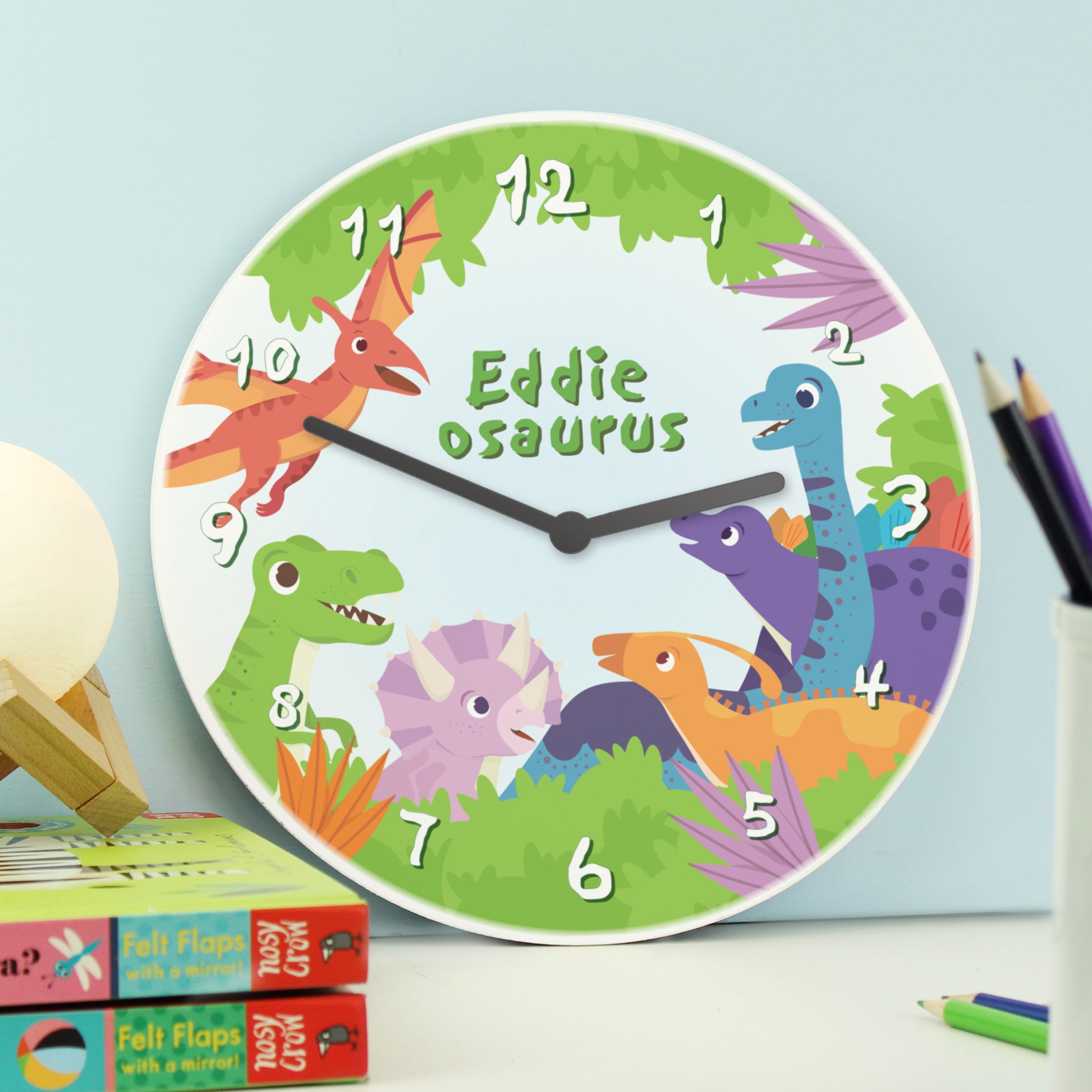 Personalised Dinosaur Wooden Childrens Clock - MK&JD Gifts