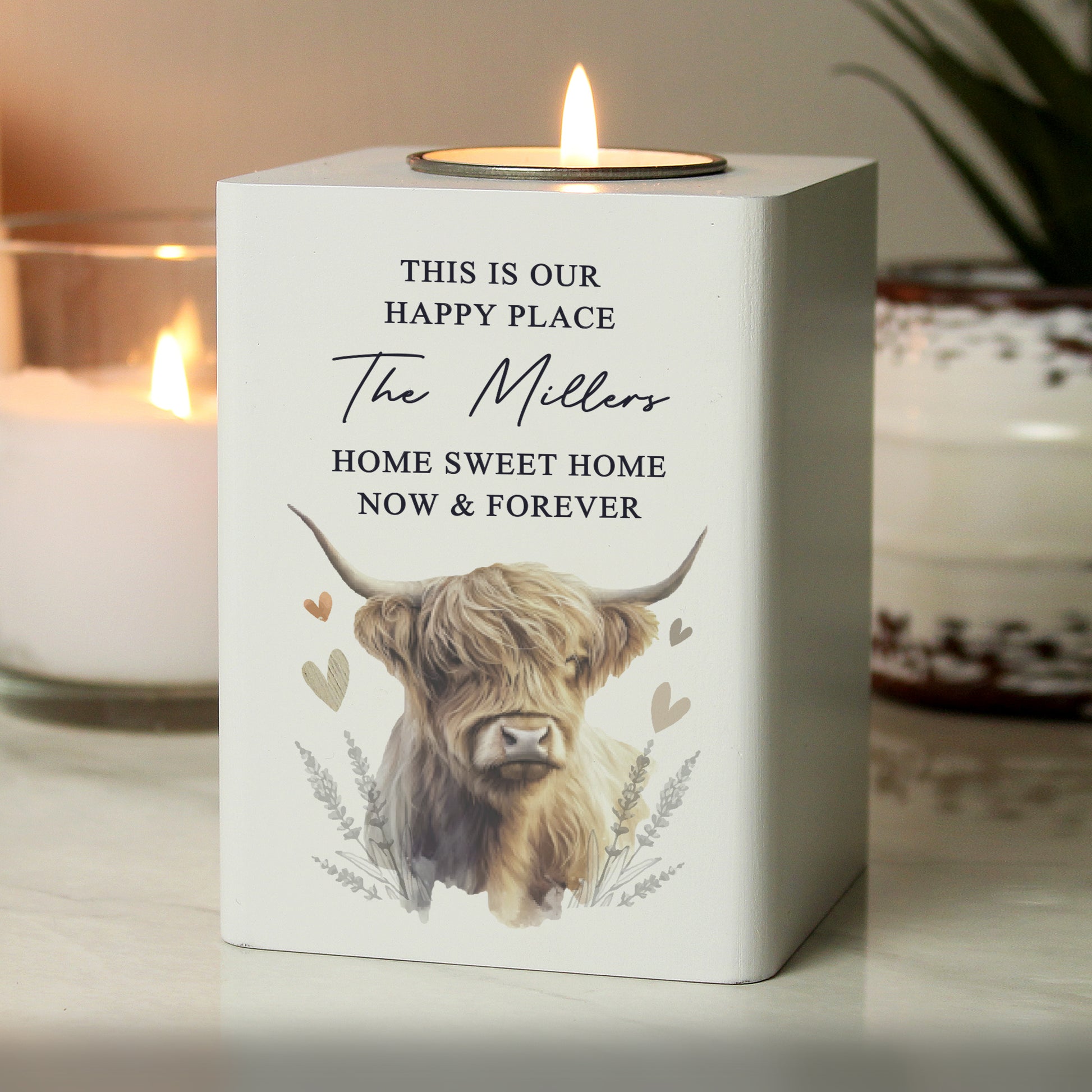 Personalised Highland Cow Wooden Tealight Holder - MK&JD Gifts