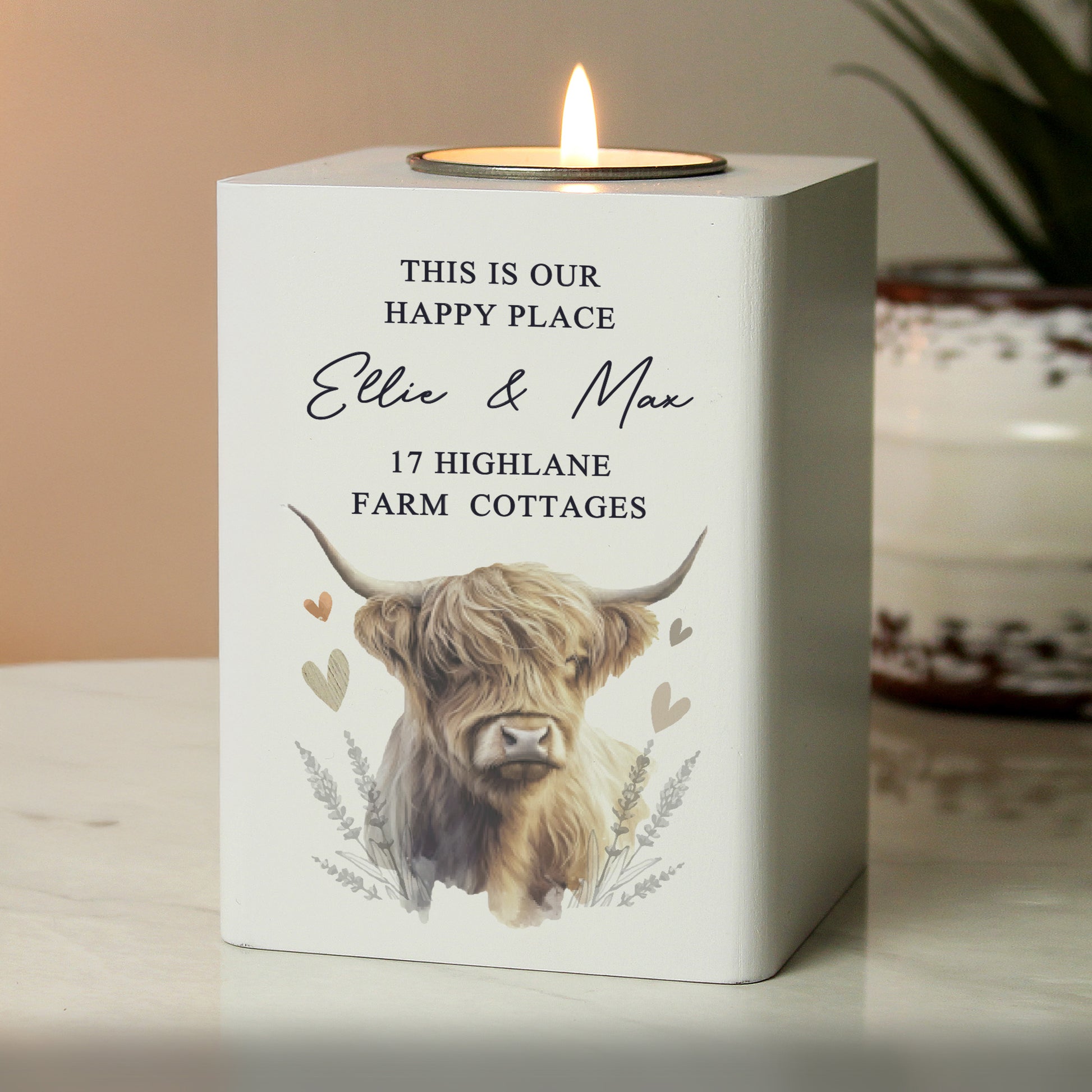 Personalised Highland Cow Wooden Tealight Holder - MK&JD Gifts