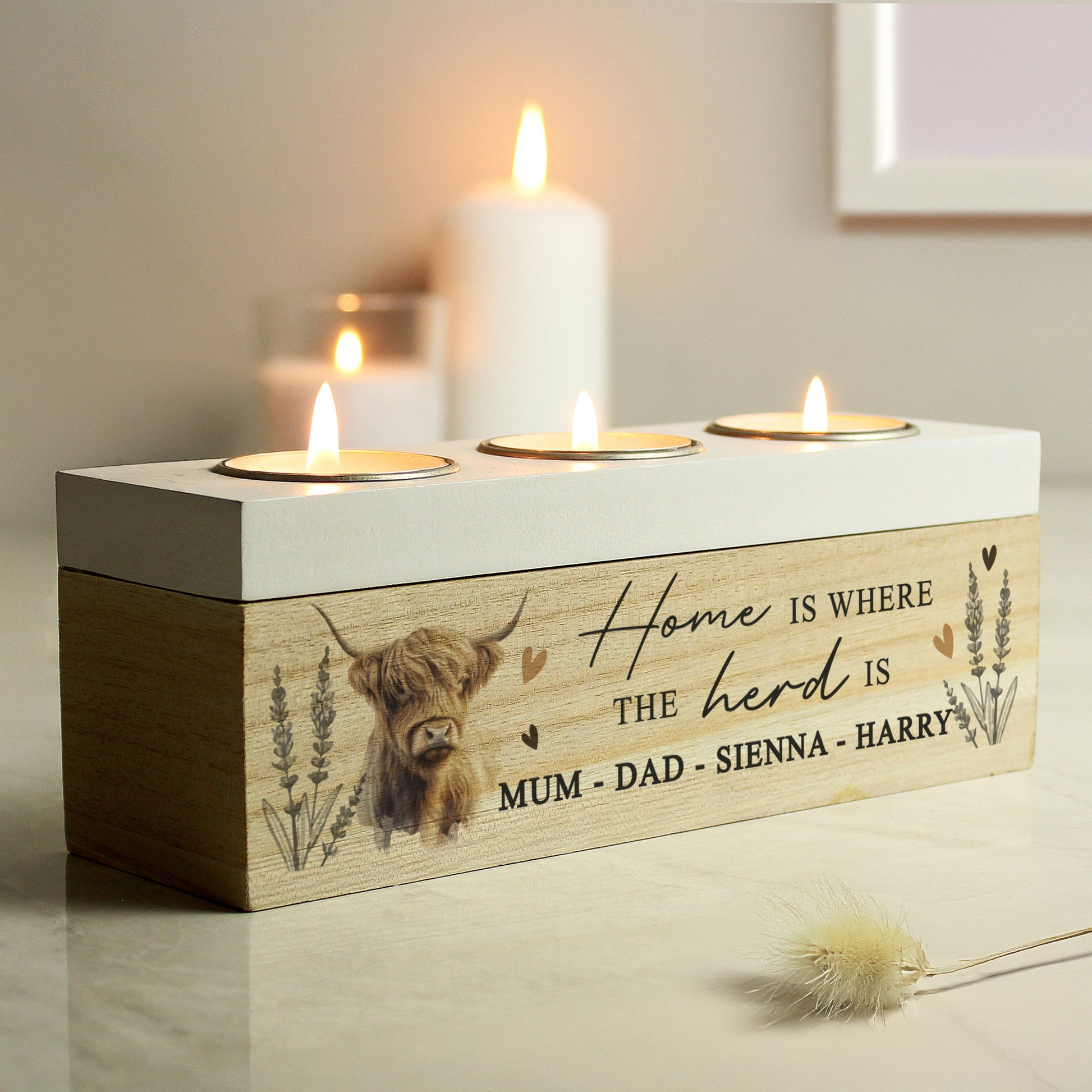 Personalised Highland Cow Triple Tea Light Box - MK&JD Gifts