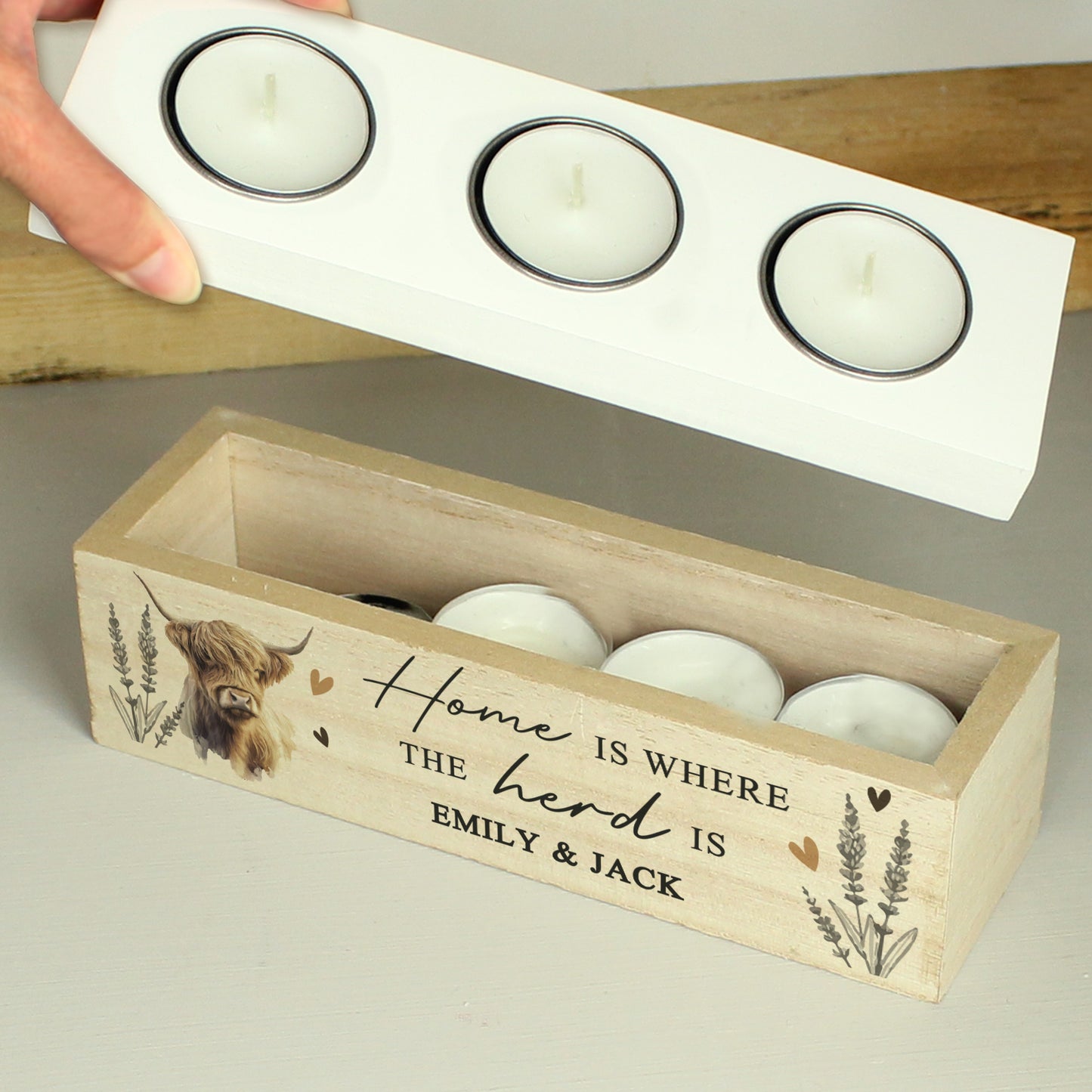 Personalised Highland Cow Triple Tea Light Box - MK&JD Gifts