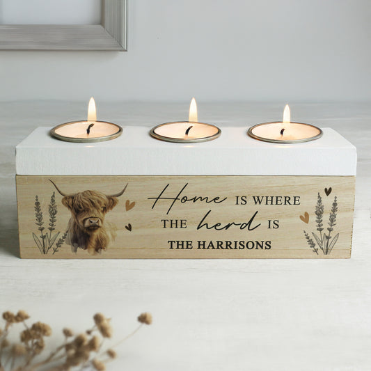 Personalised Highland Cow Triple Tea Light Box - MK&JD Gifts