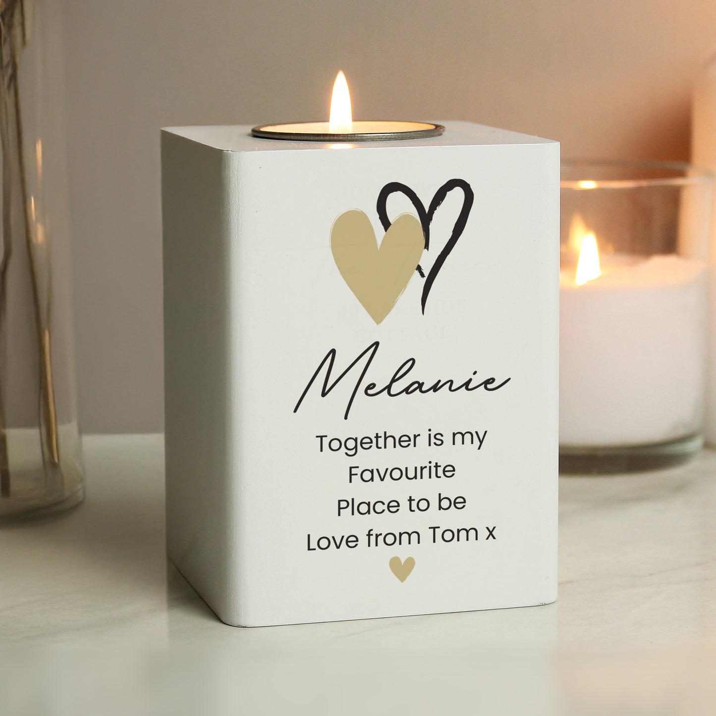Personalised Hearts Wooden Tealight Holder - MK&JD Gifts
