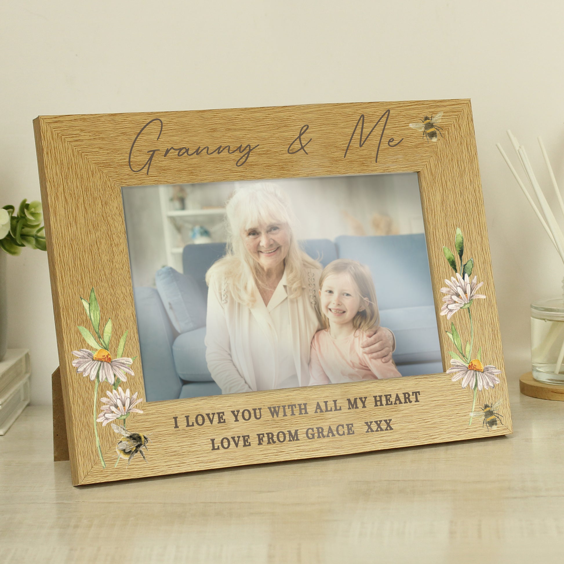Personalised Floral Bee 6x4 Oak Finish Photo Frame - MK&JD Gifts
