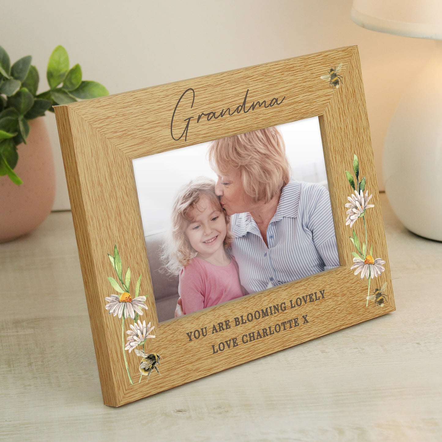 Personalised Floral Bee 6x4 Oak Finish Photo Frame