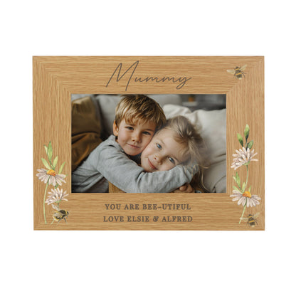 Personalised Floral Bee 6x4 Oak Finish Photo Frame