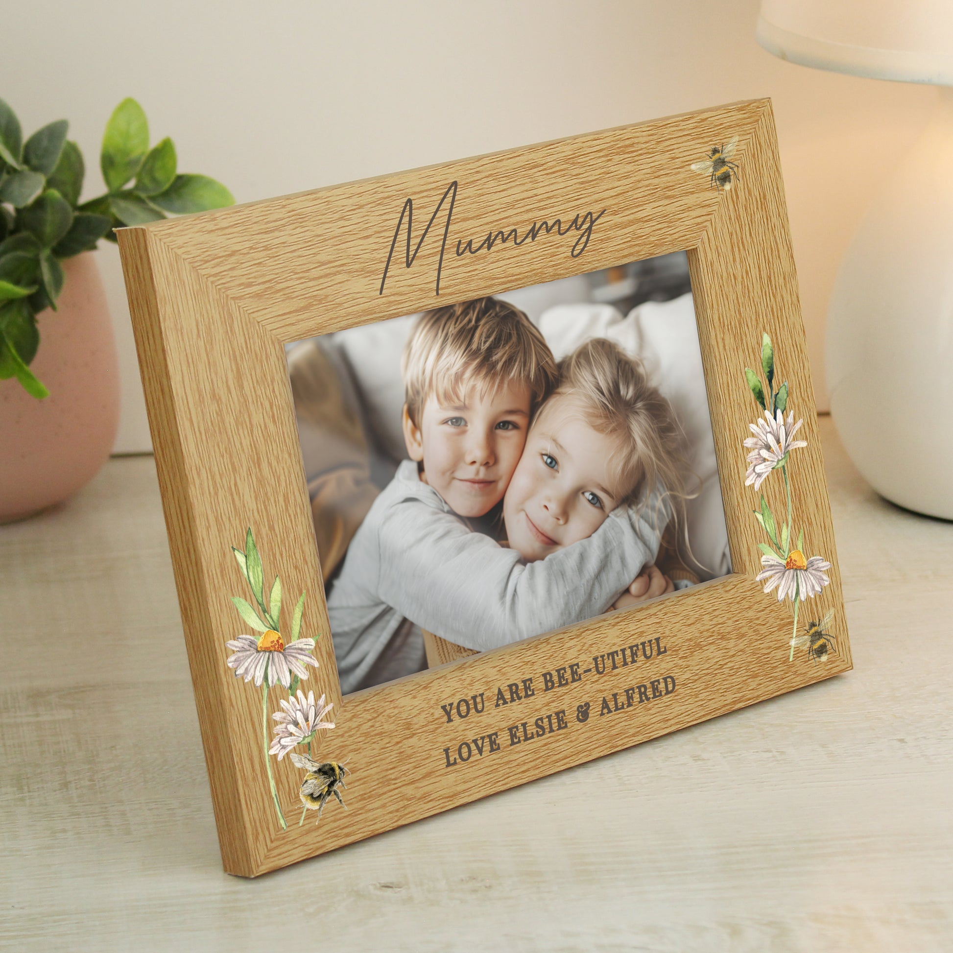 Personalised Floral Bee 6x4 Oak Finish Photo Frame - MK&JD Gifts