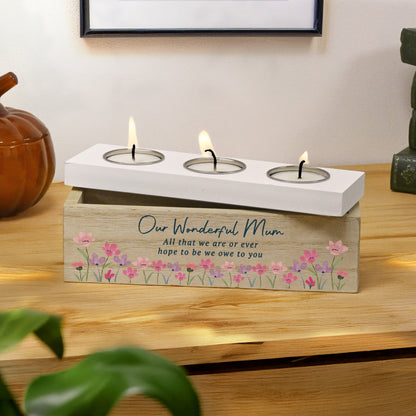 Personalised Floral Wooden Triple Tea Light Box