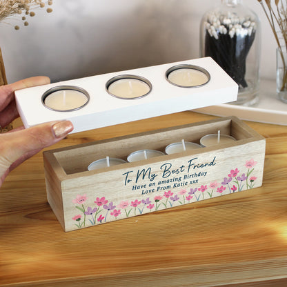 Personalised Floral Wooden Triple Tea Light Box