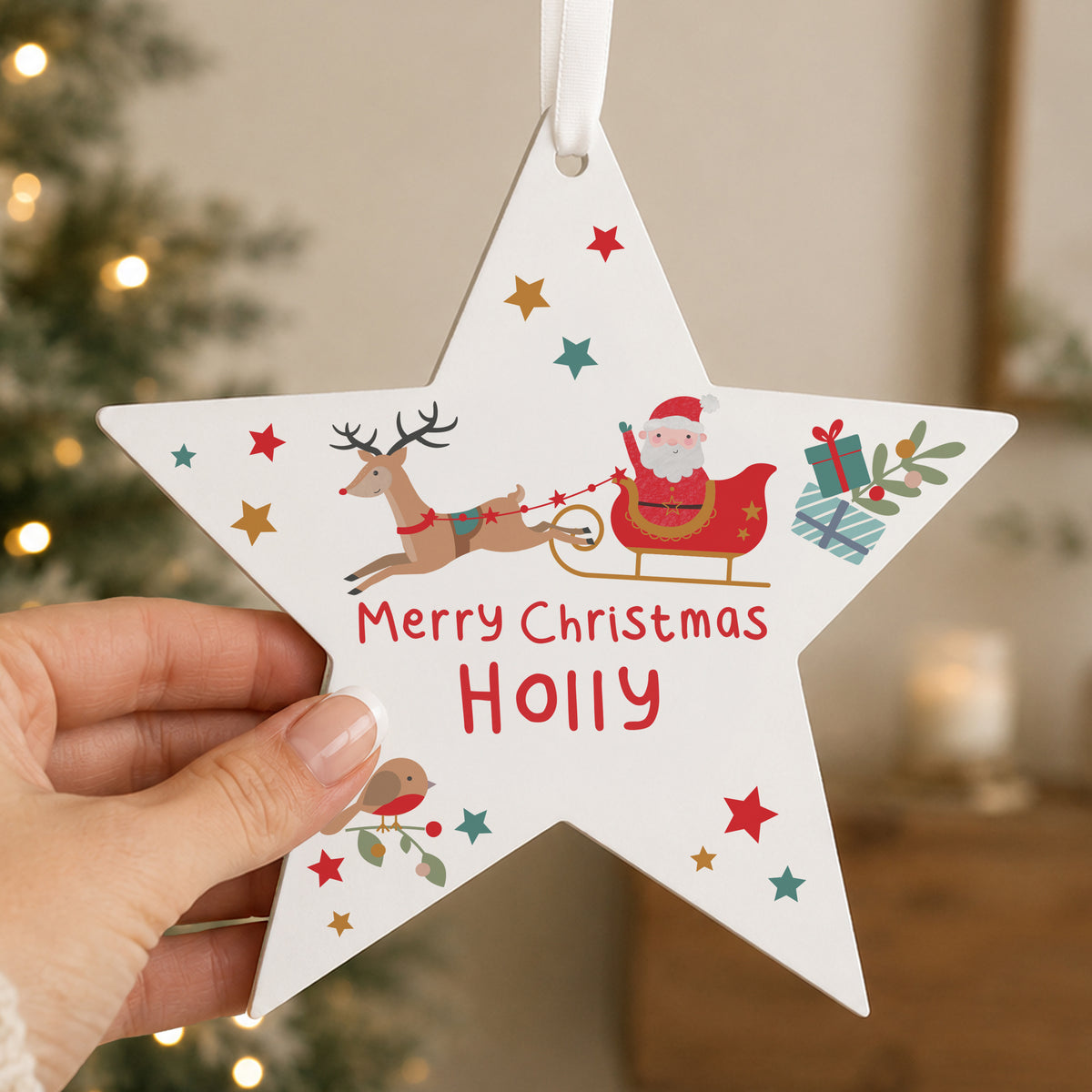 Personalised Santa & Reindeer Wooden Star Decoration - MK&JD Gifts
