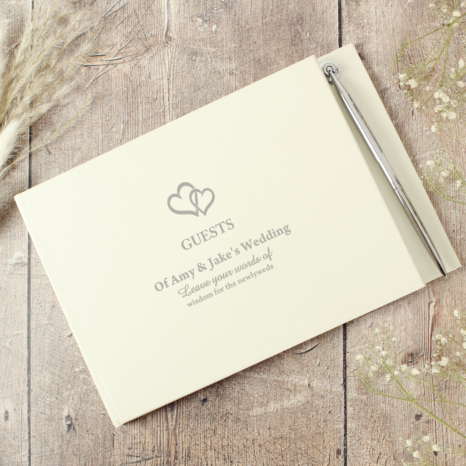Personalised Hearts Design Hardback Guest Book & Pen - MK&JD Gifts