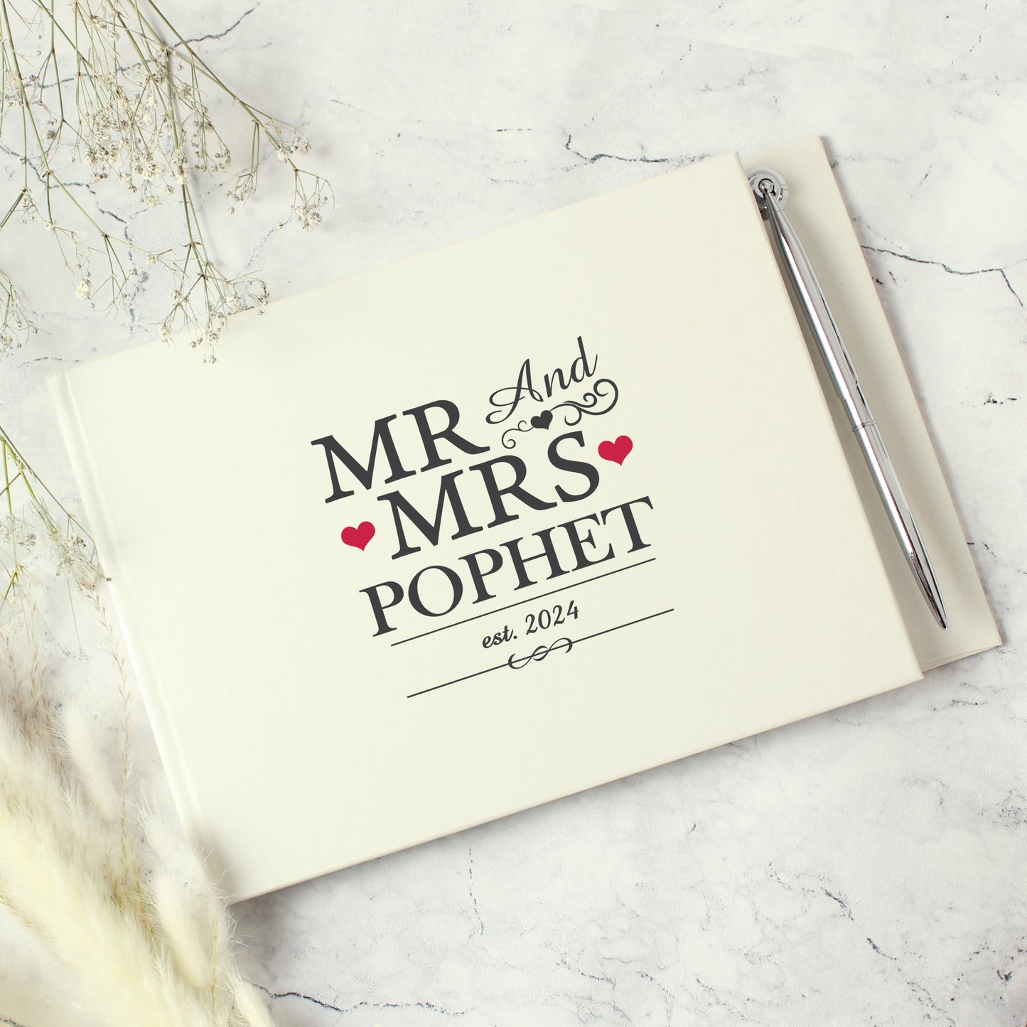 Personalised Mr & Mrs Hardback Guest Book & Pen - MK&JD Gifts