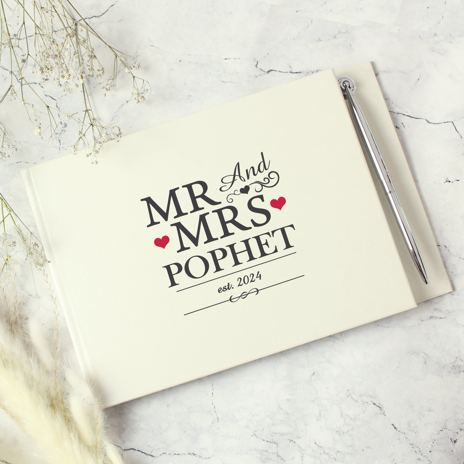 Personalised Mr & Mrs Hardback Guest Book & Pen - MK&JD Gifts