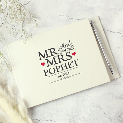 Personalised Mr & Mrs Hardback Guest Book & Pen - MK&JD Gifts