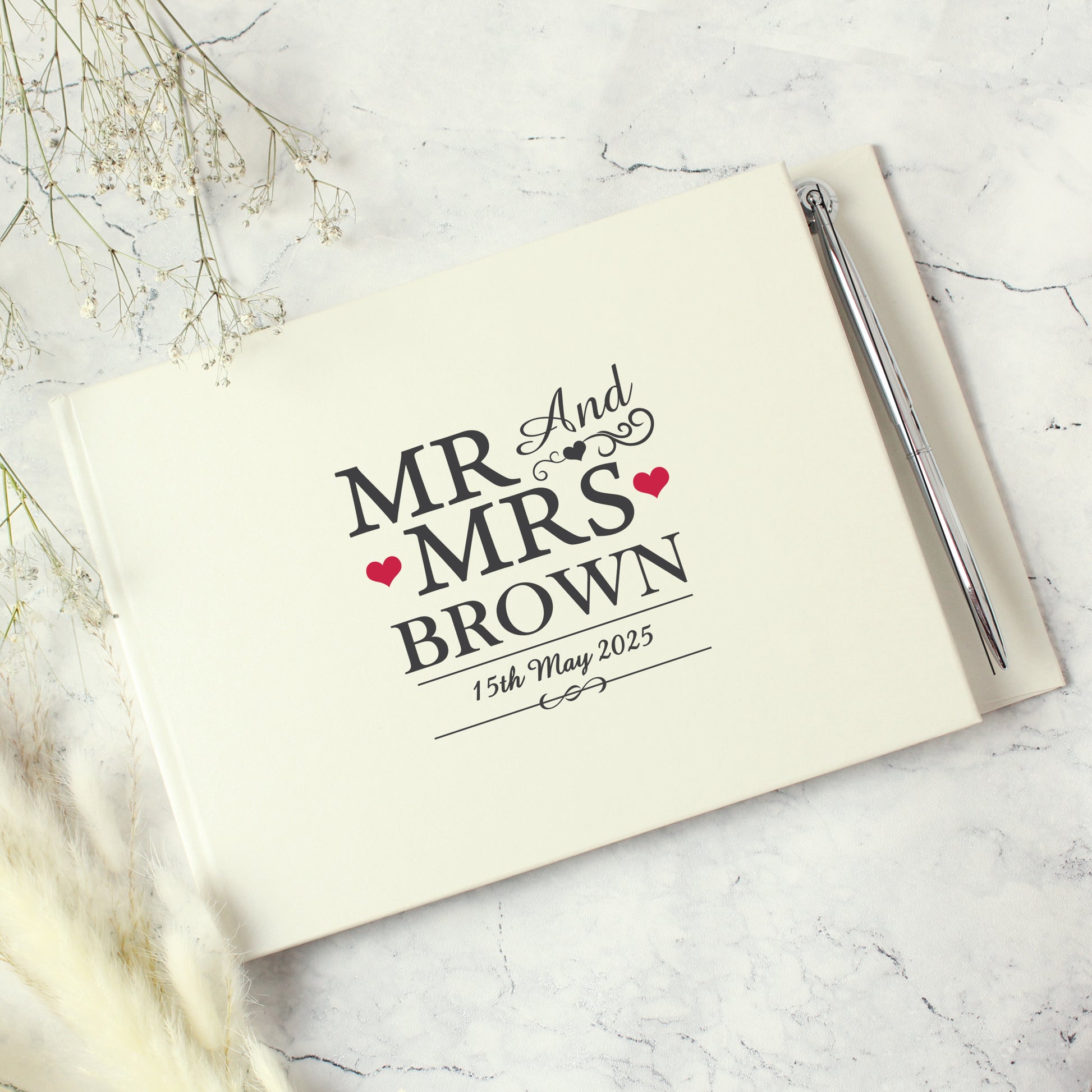 Personalised Mr & Mrs Hardback Guest Book & Pen - MK&JD Gifts