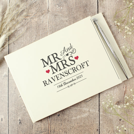 Personalised Mr & Mrs Hardback Guest Book & Pen - MK&JD Gifts