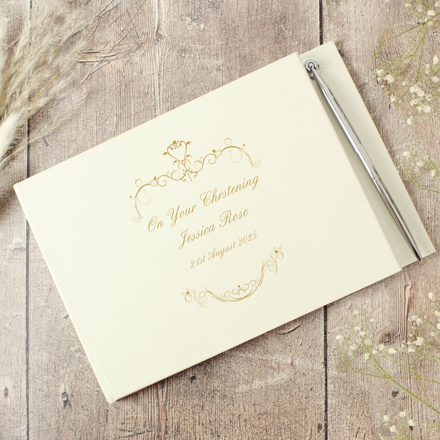 Personalised Gold Ornate Swirl Hardback Guest Book & Pen - MK&JD Gifts