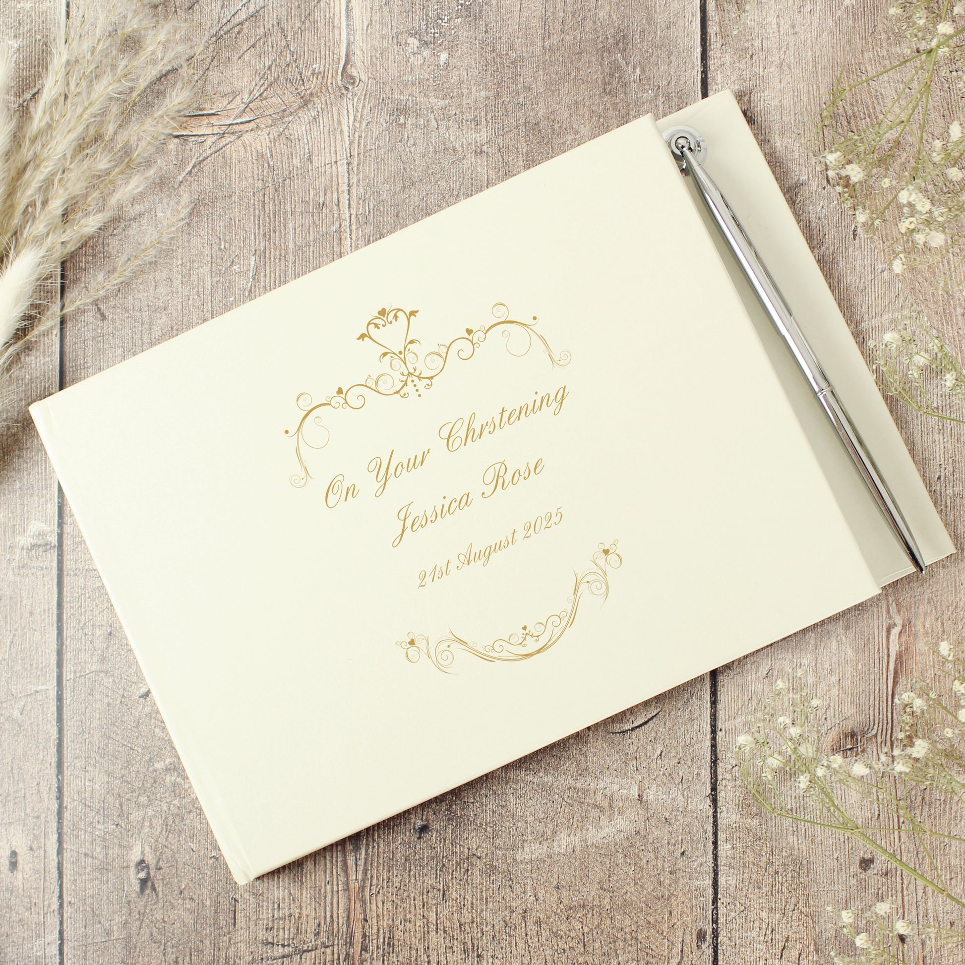 Personalised Gold Ornate Swirl Hardback Guest Book & Pen - MK&JD Gifts