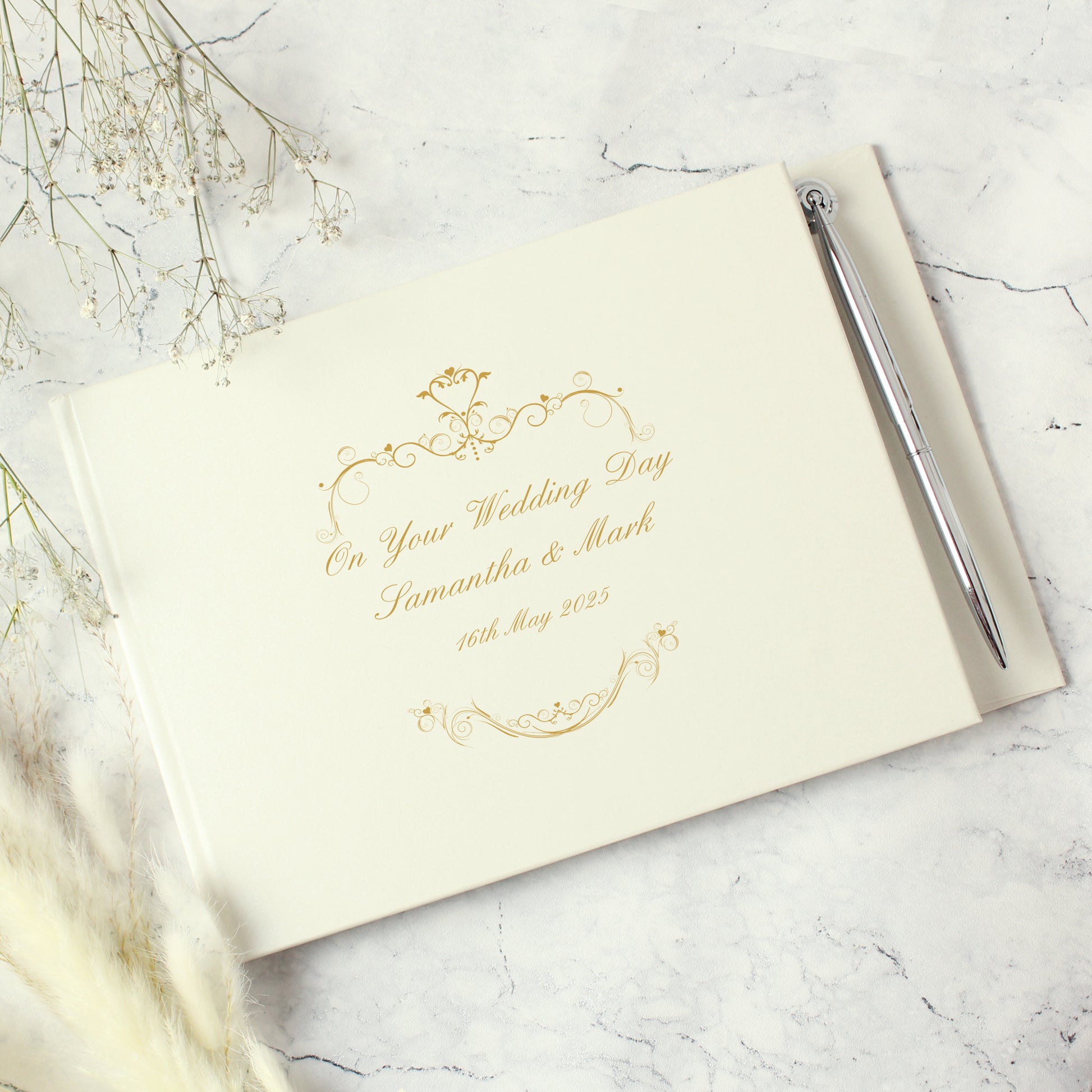 Personalised Gold Ornate Swirl Hardback Guest Book & Pen - MK&JD Gifts