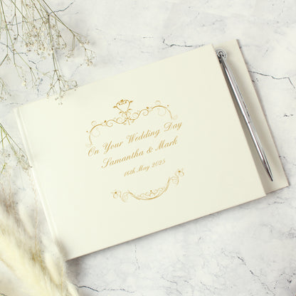 Personalised Gold Ornate Swirl Hardback Guest Book & Pen - MK&JD Gifts