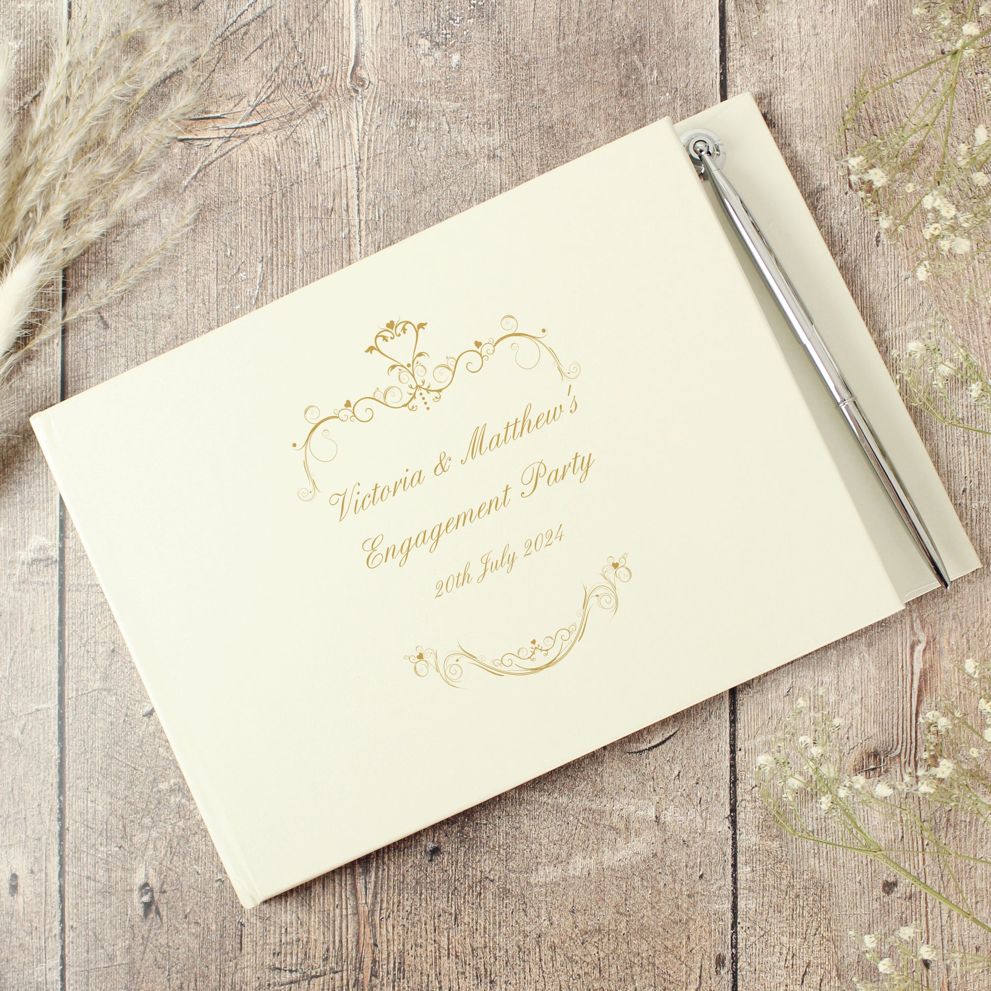 Personalised Gold Ornate Swirl Hardback Guest Book & Pen - MK&JD Gifts