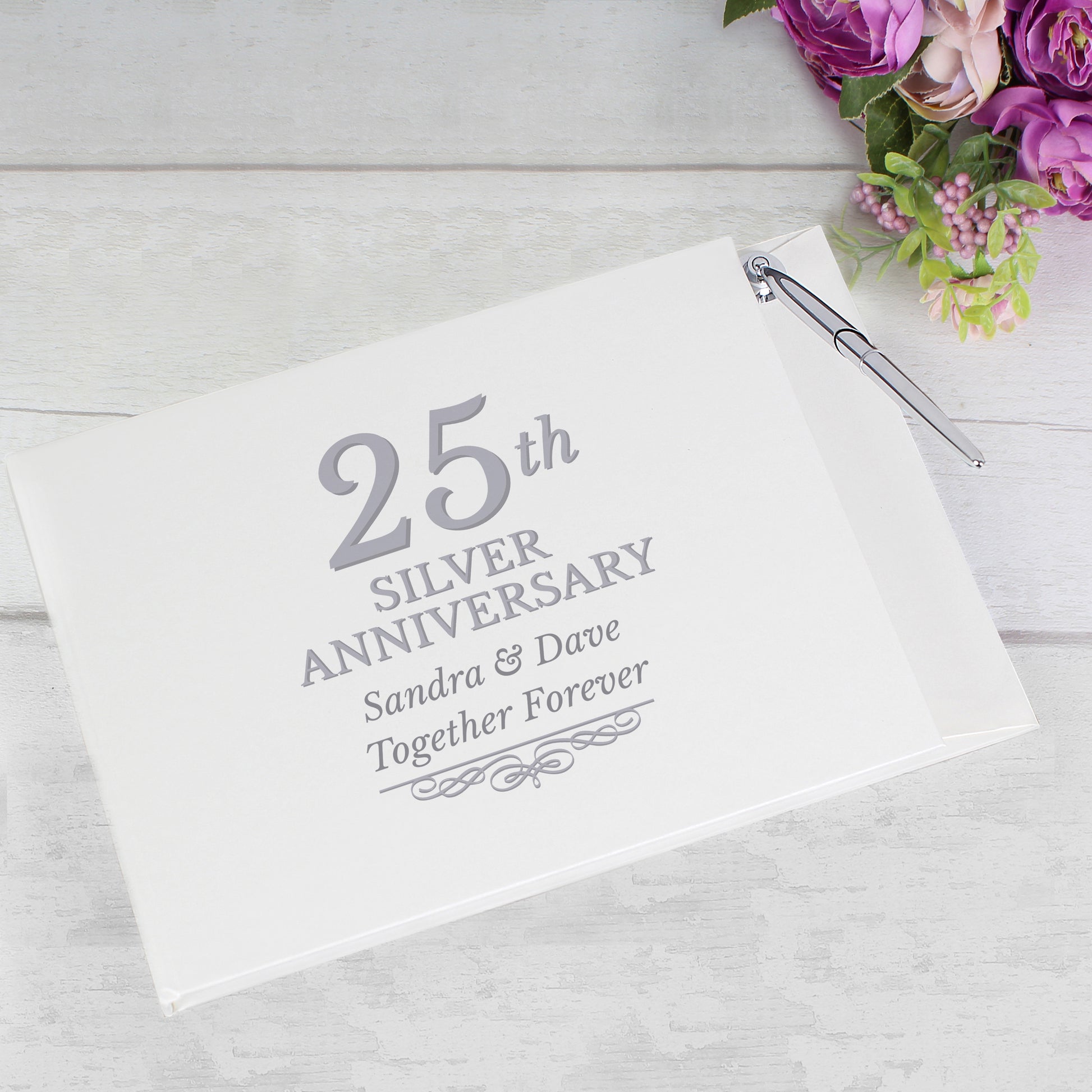 Personalised 25th Silver Anniversary Hardback Guest Book & Pen - MK&JD Gifts