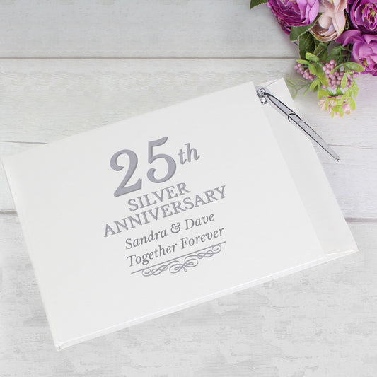 Personalised 25th Silver Anniversary Hardback Guest Book & Pen - MK&JD Gifts