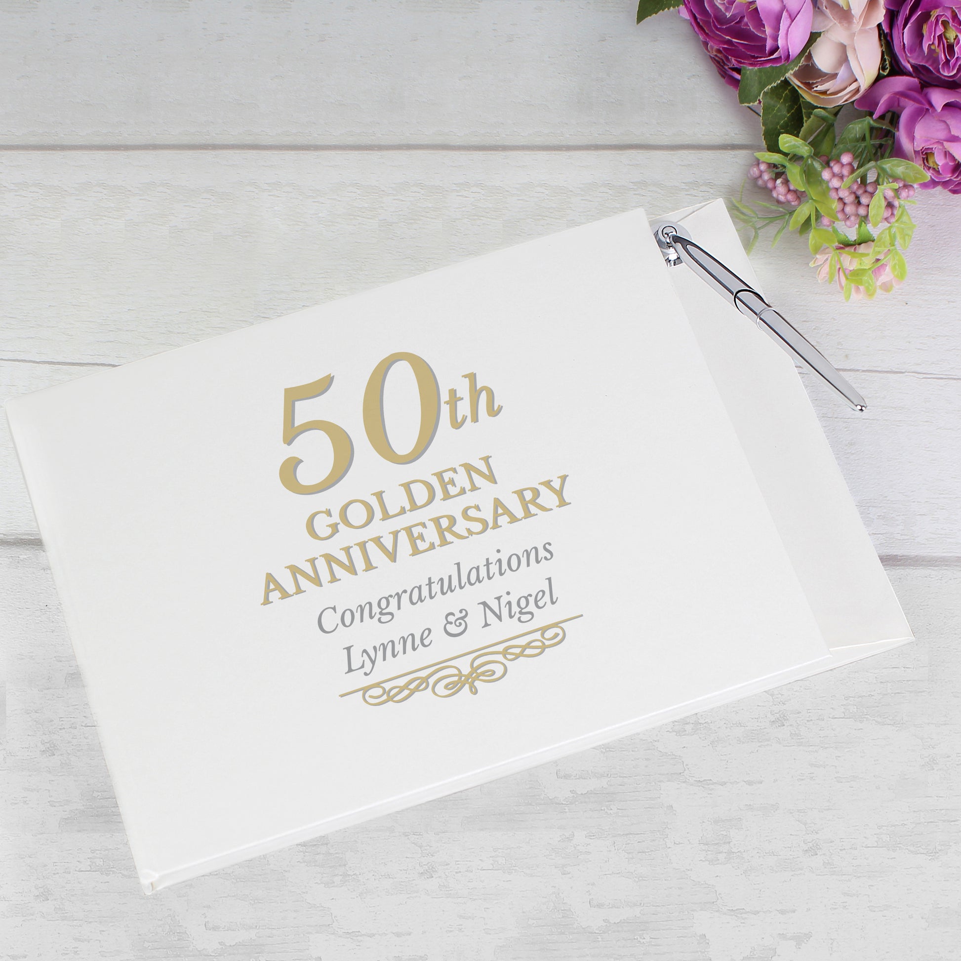 Personalised 50th Golden Anniversary Hardback Guest Book & Pen - MK&JD Gifts