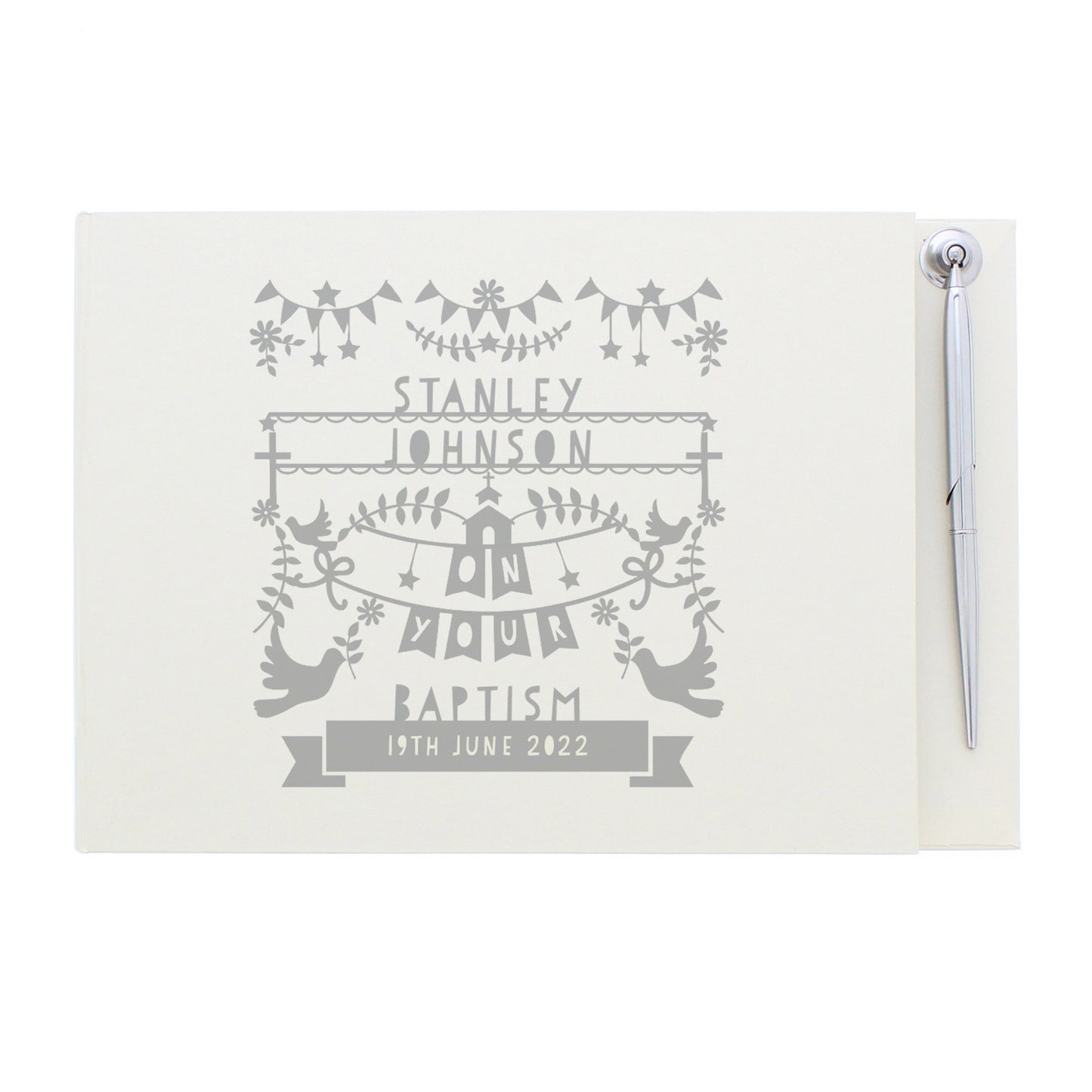 Personalised Grey Papercut Style Hardback Guest Book & Pen - MK&JD Gifts