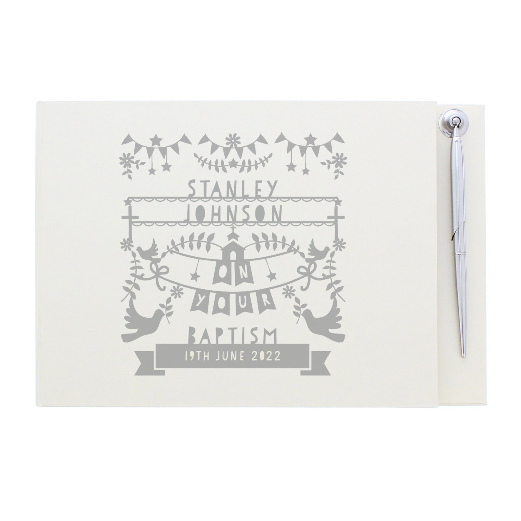 Personalised Grey Papercut Style Hardback Guest Book & Pen - MK&JD Gifts