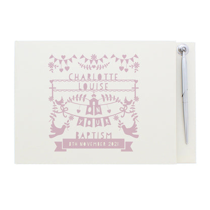 Personalised Pink Papercut Style Hardback Guest Book & Pen - MK&JD Gifts
