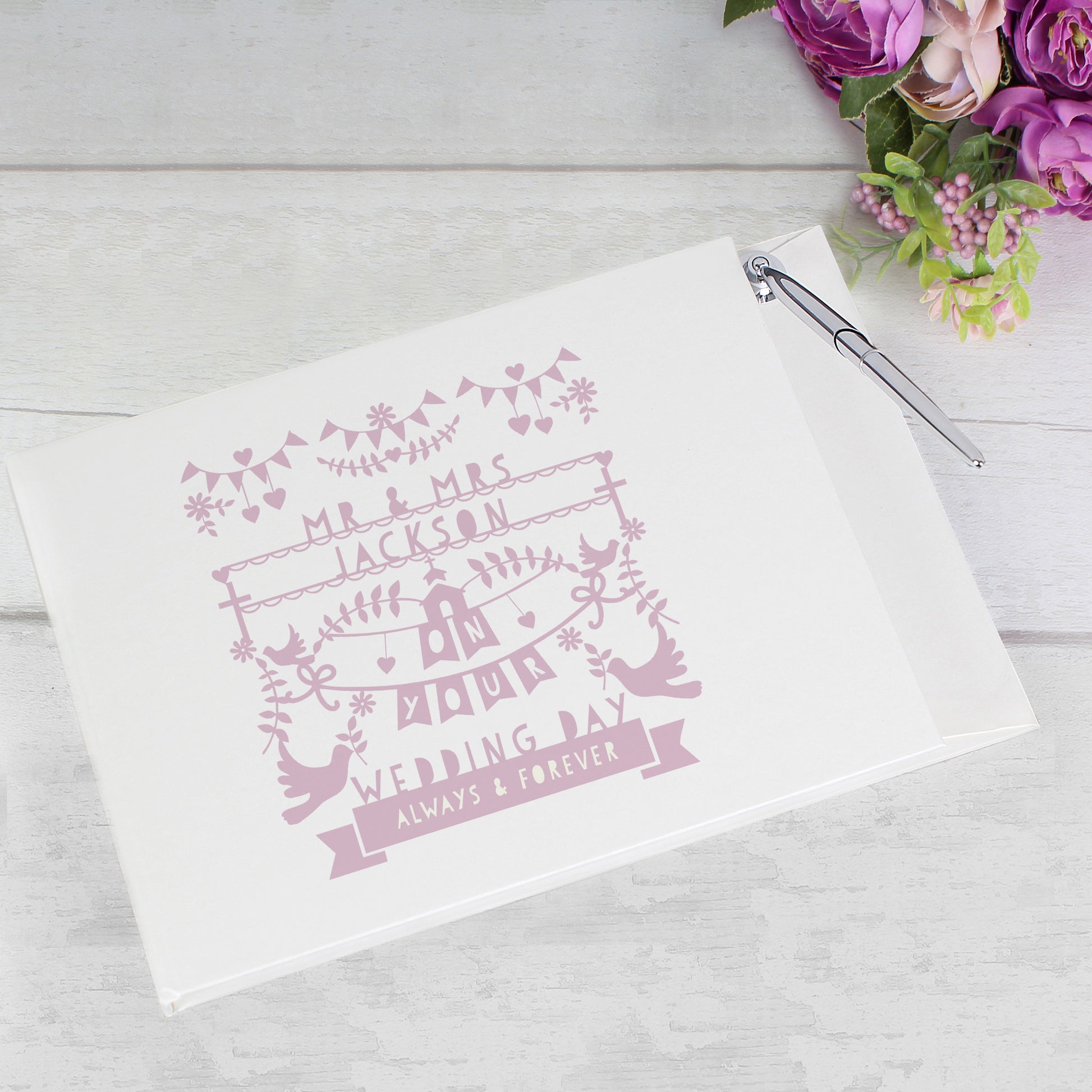 Personalised Pink Papercut Style Hardback Guest Book & Pen - MK&JD Gifts