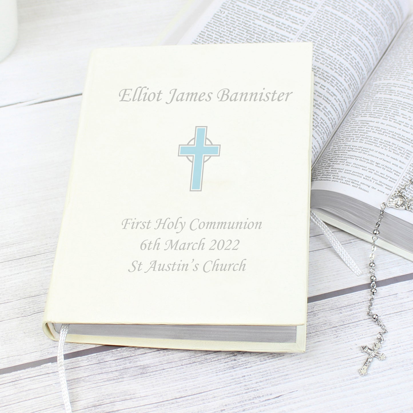Personalised Blue Cross Holy Bible - Eco-friendly - MK&JD Gifts