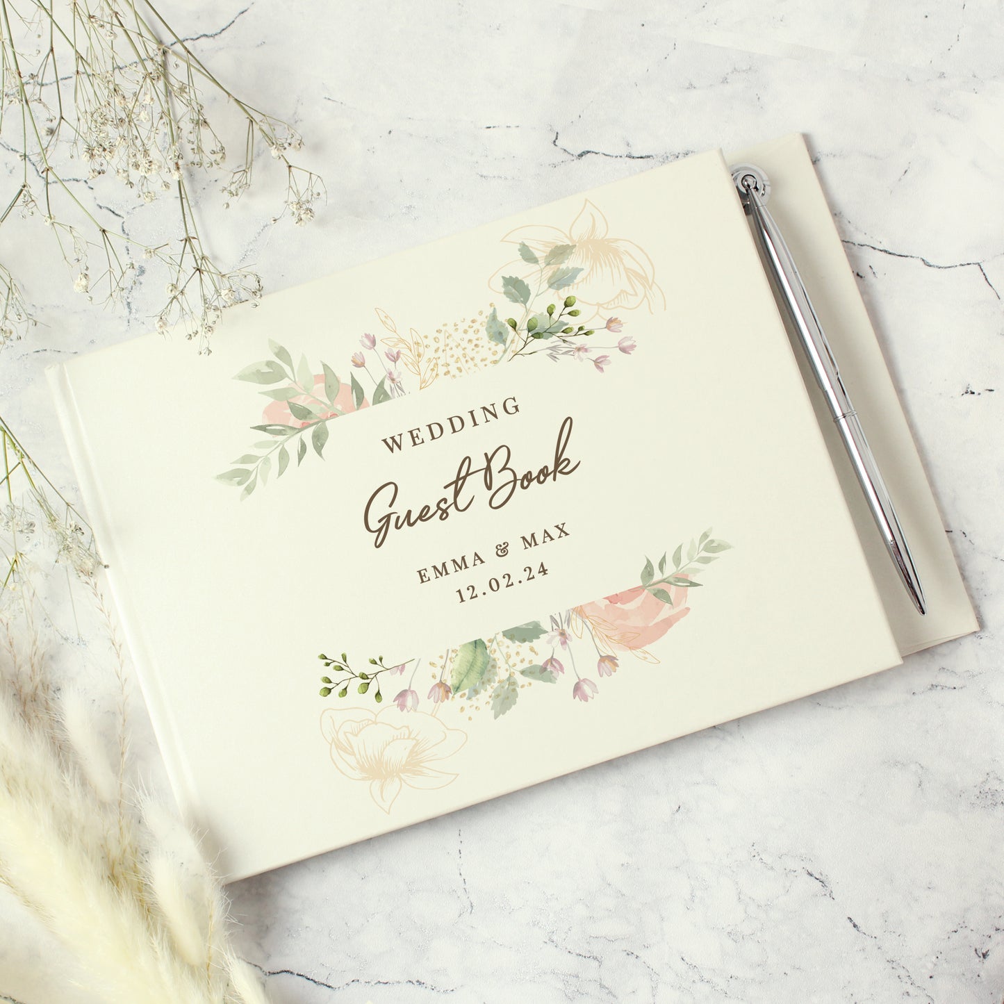 Personalised Floral Watercolour Hardback Guest Book & Pen - MK&JD Gifts