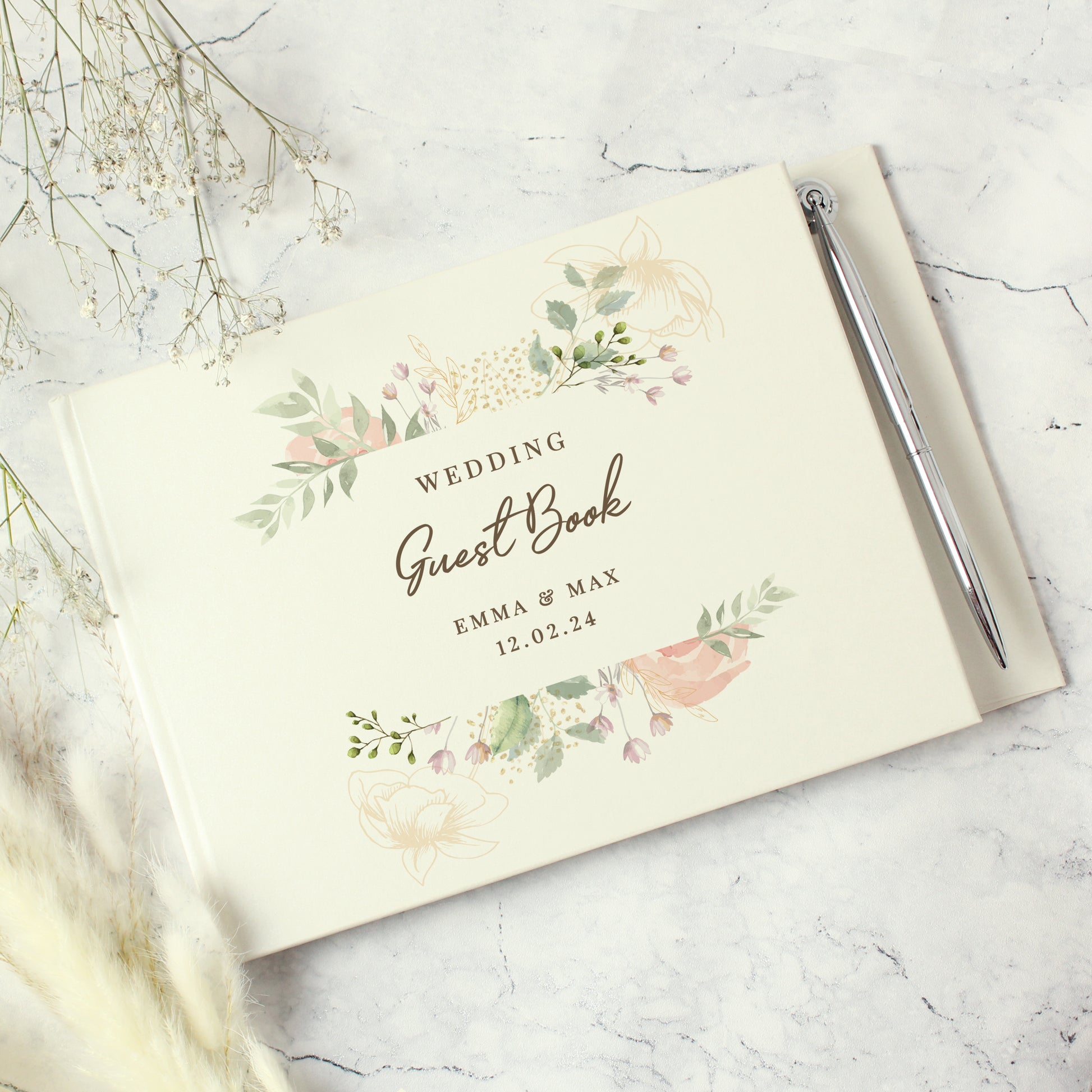 Personalised Floral Watercolour Hardback Guest Book & Pen - MK&JD Gifts
