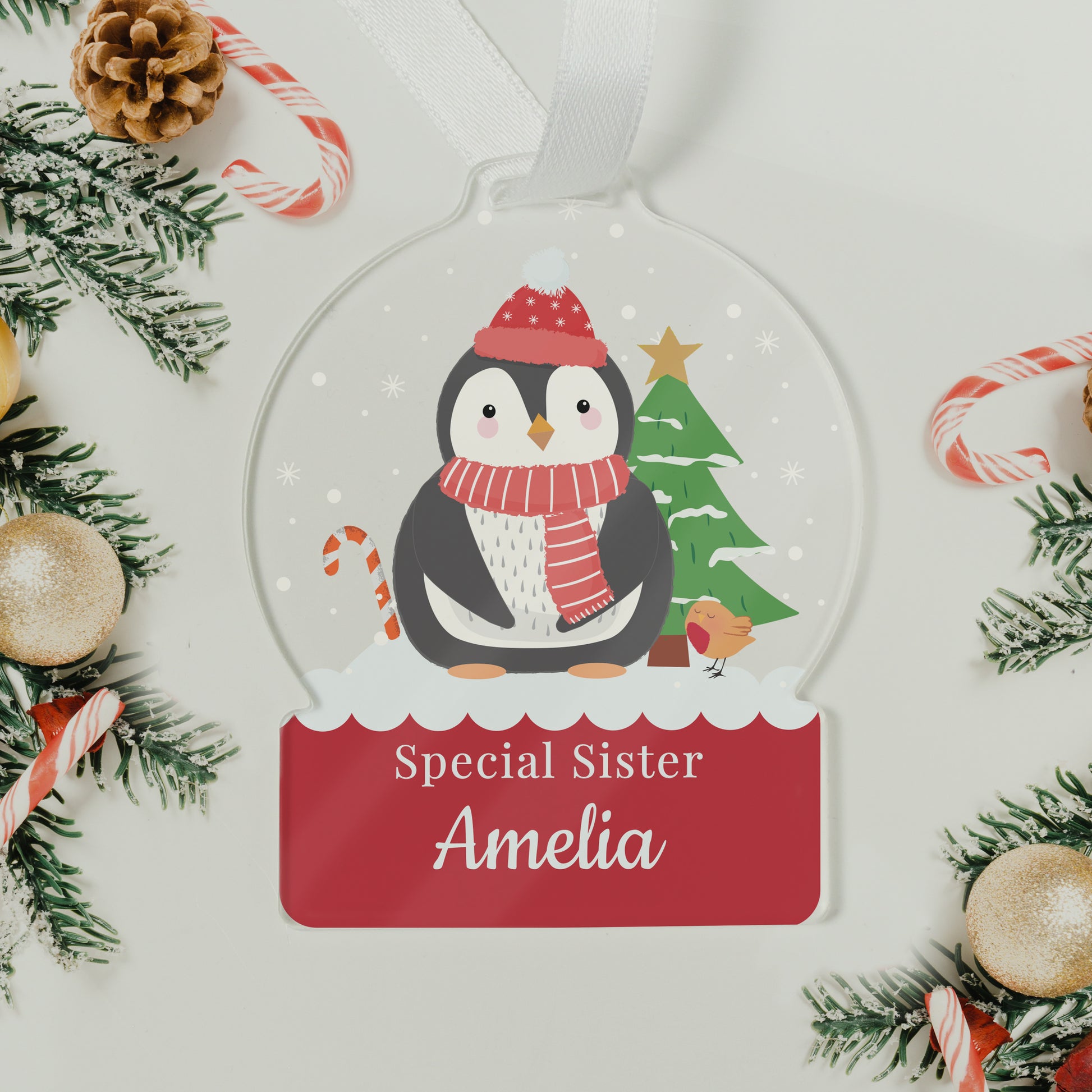 Personalised Penguin Acrylic Snowglobe Decoration - MK&JD Gifts