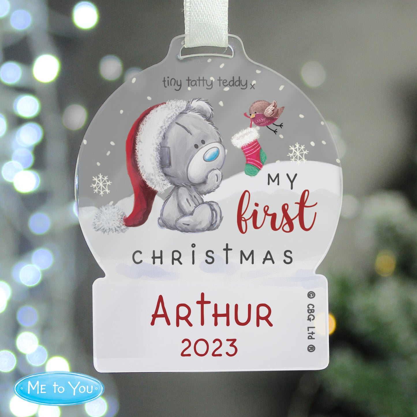 Personalised First Christmas Tiny Tatty Teddy Acrylic Snow Globe Decoration - MK&JD Gifts