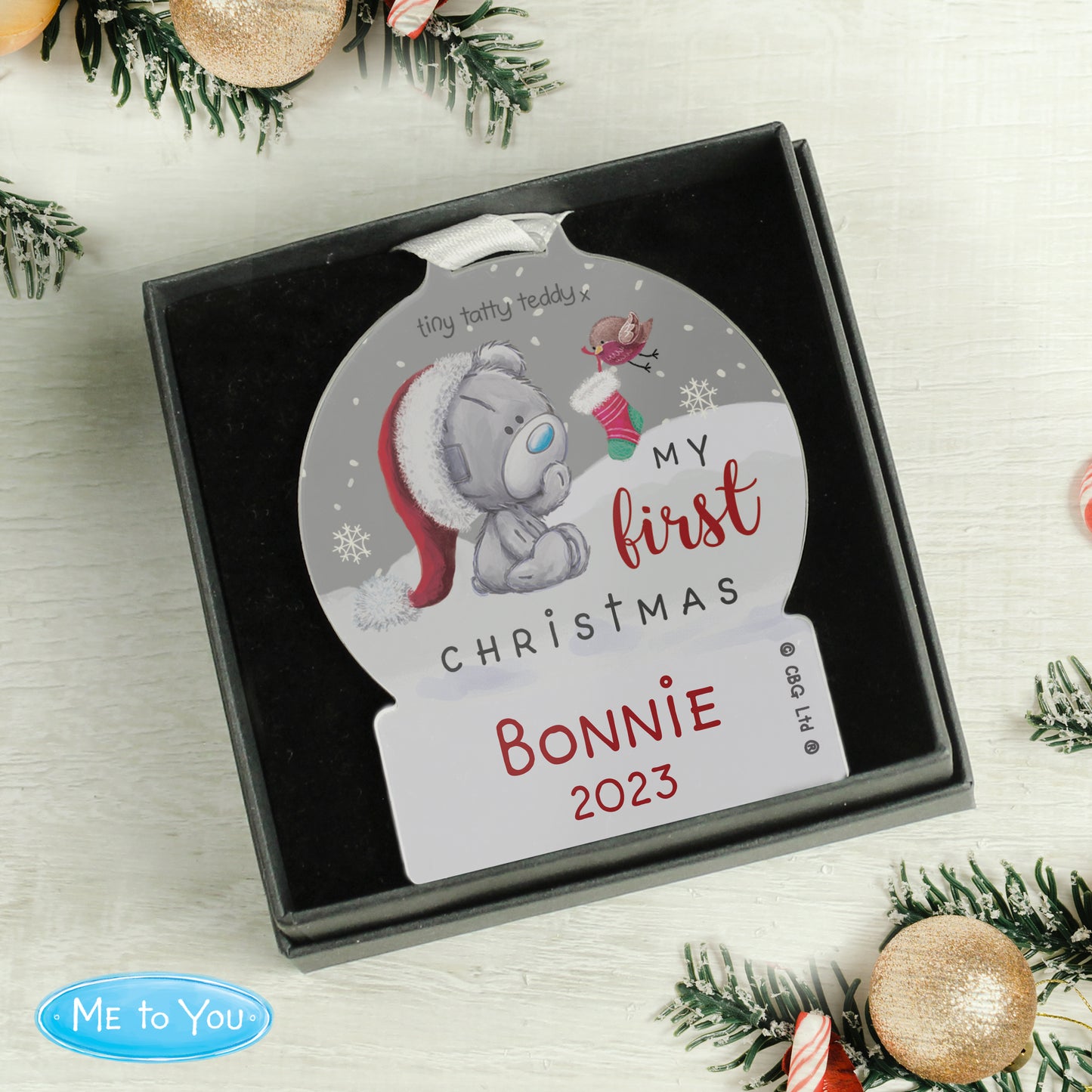 Personalised First Christmas Tiny Tatty Teddy Acrylic Snow Globe Decoration - MK&JD Gifts