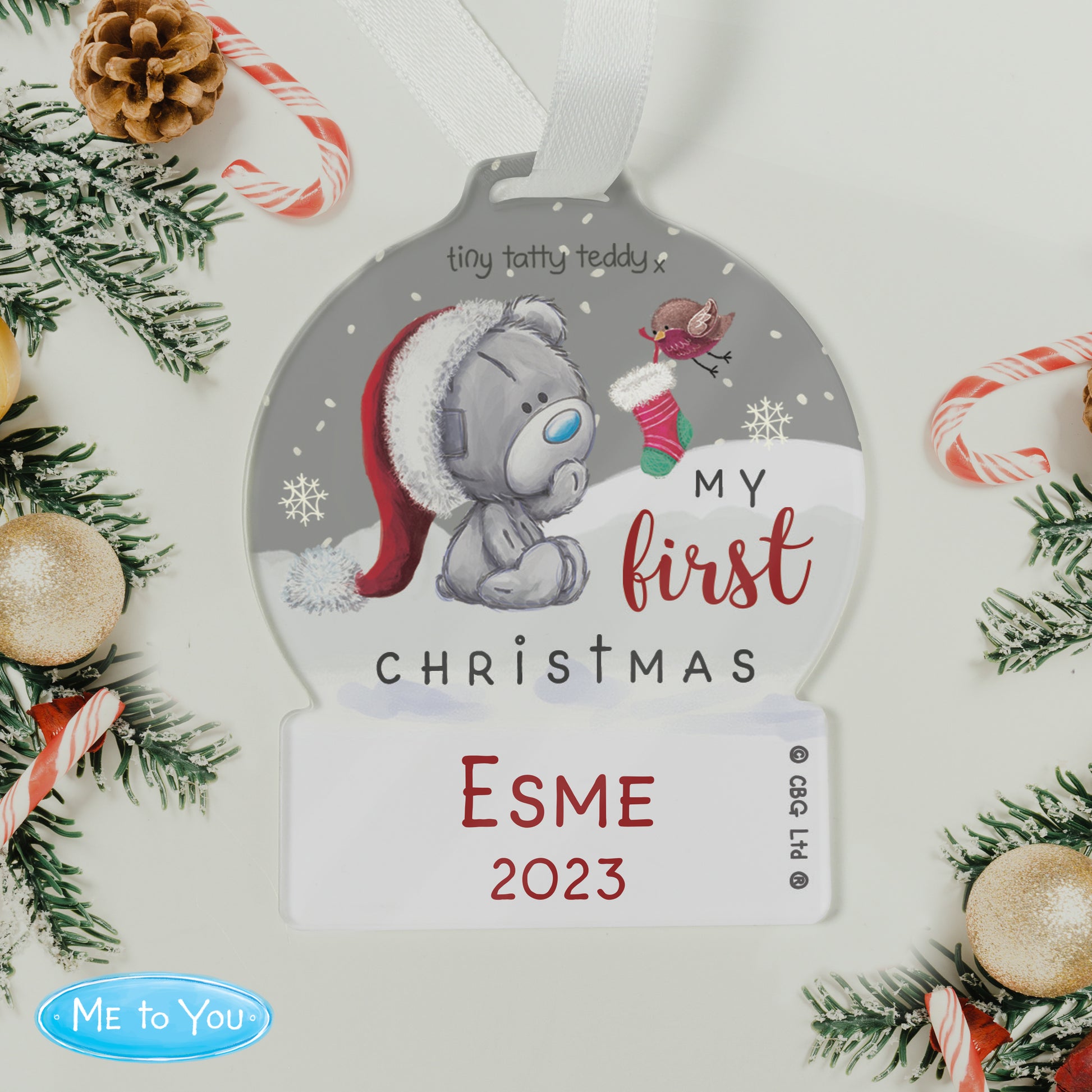 Personalised First Christmas Tiny Tatty Teddy Acrylic Snow Globe Decoration - MK&JD Gifts