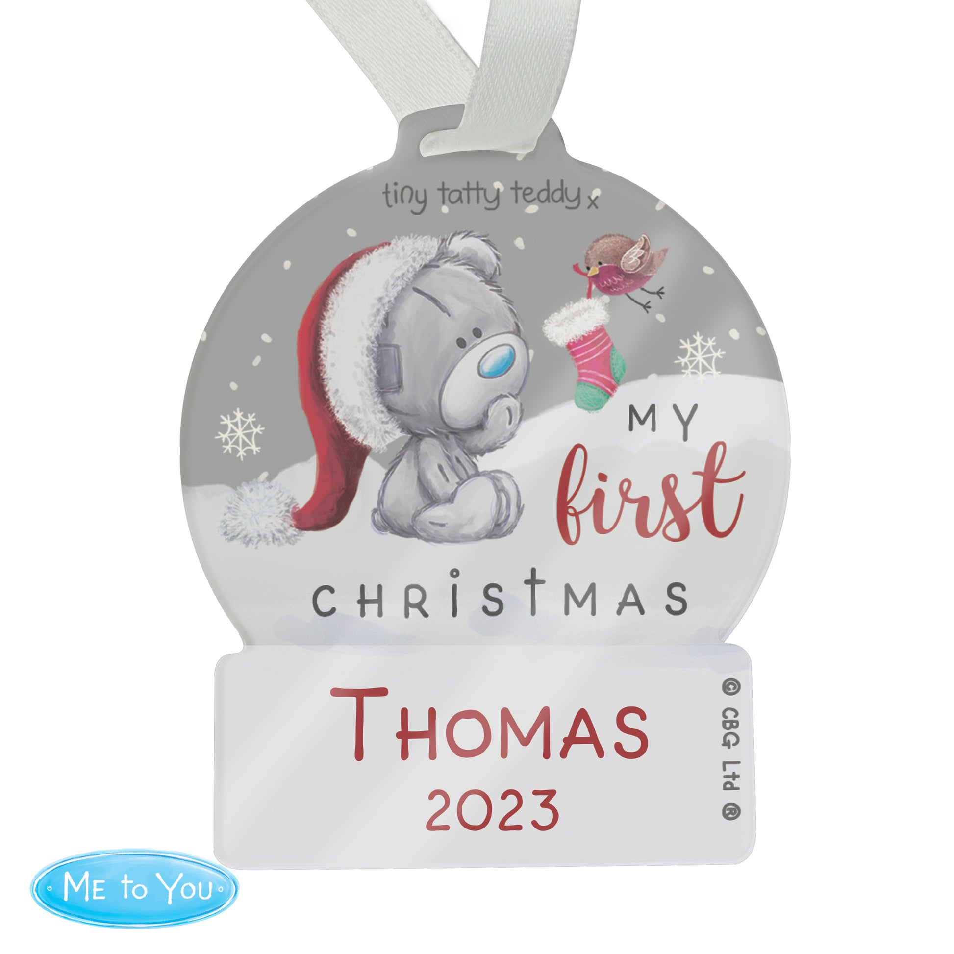 Personalised First Christmas Tiny Tatty Teddy Acrylic Snow Globe Decoration - MK&JD Gifts