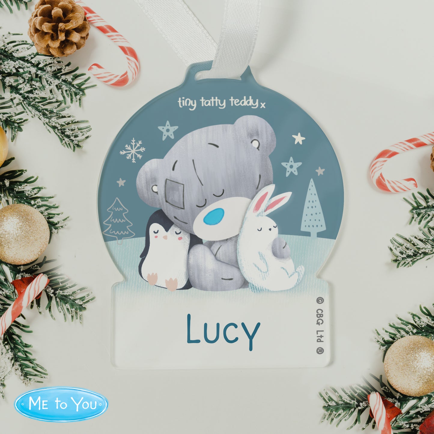 Personalised Winter Explorer Tiny Tatty Teddy Acrylic Snow Globe Decoration - MK&JD Gifts