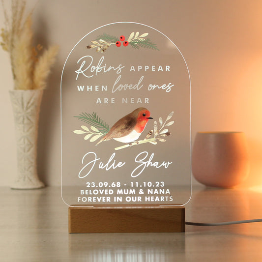 Personalised Robins Appear Wooden Based LED Light - MK&JD Gifts