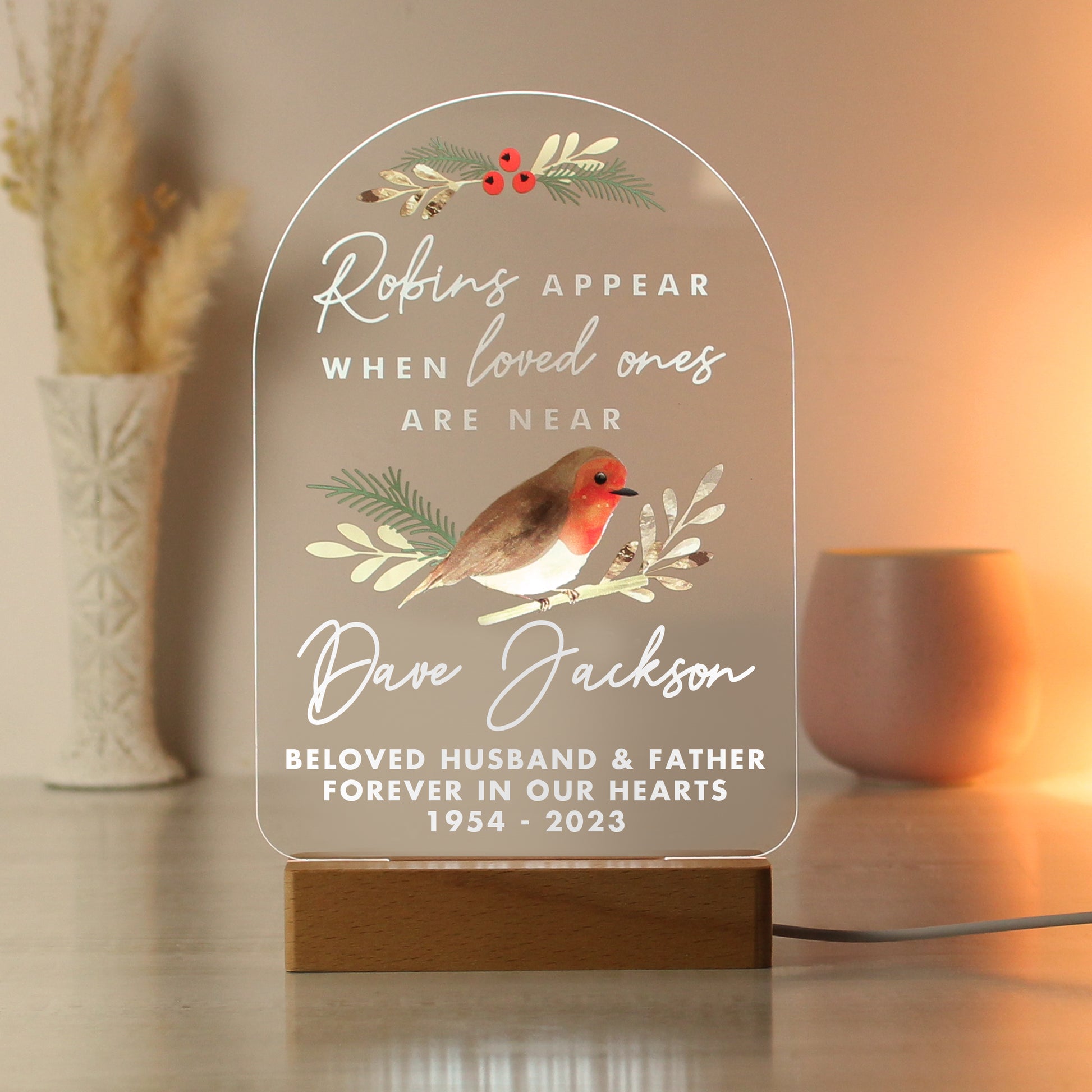 Personalised Robins Appear Wooden Based LED Light - MK&JD Gifts