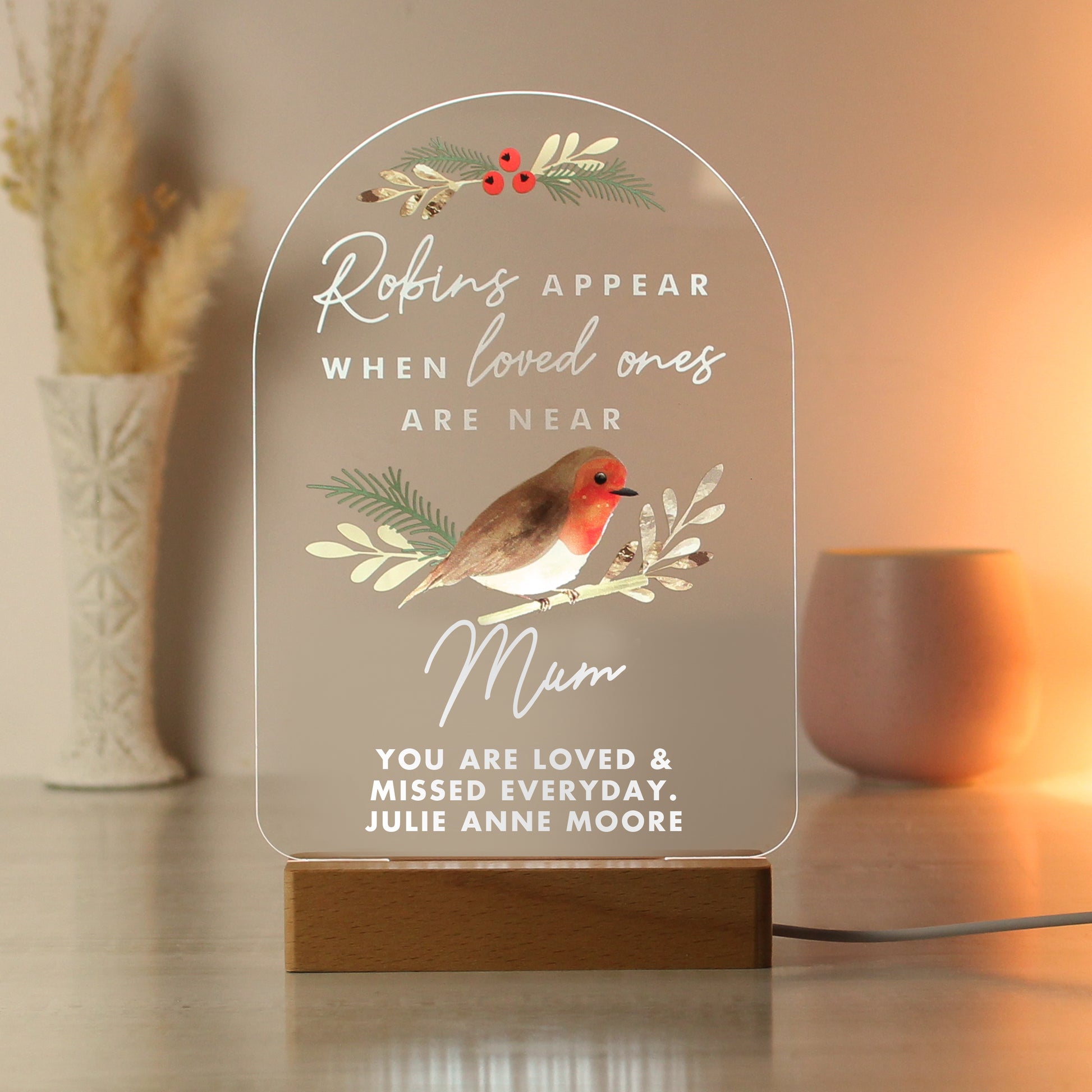 Personalised Robins Appear Wooden Based LED Light - MK&JD Gifts