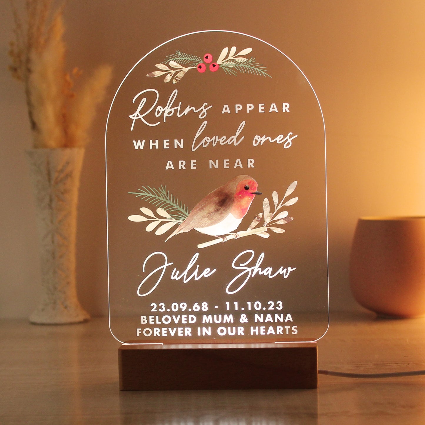 Personalised Robins Appear Wooden Based LED Light - MK&JD Gifts