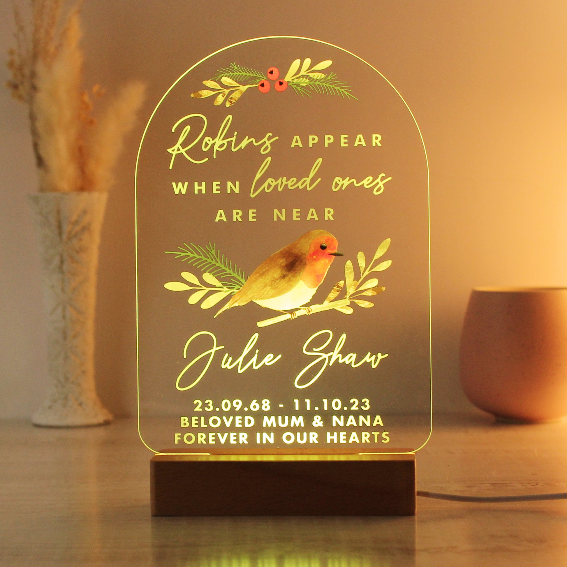 Personalised Robins Appear Wooden Based LED Light - MK&JD Gifts