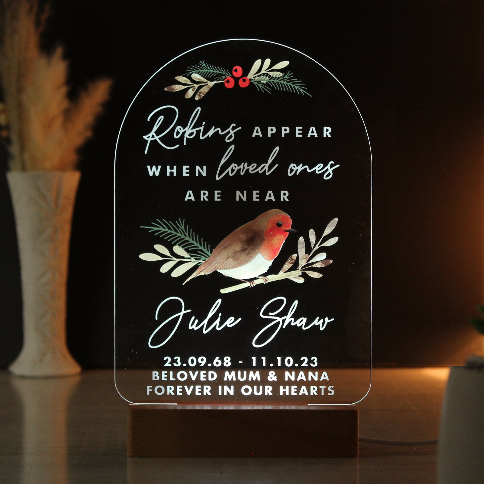 Personalised Robins Appear Wooden Based LED Light - MK&JD Gifts