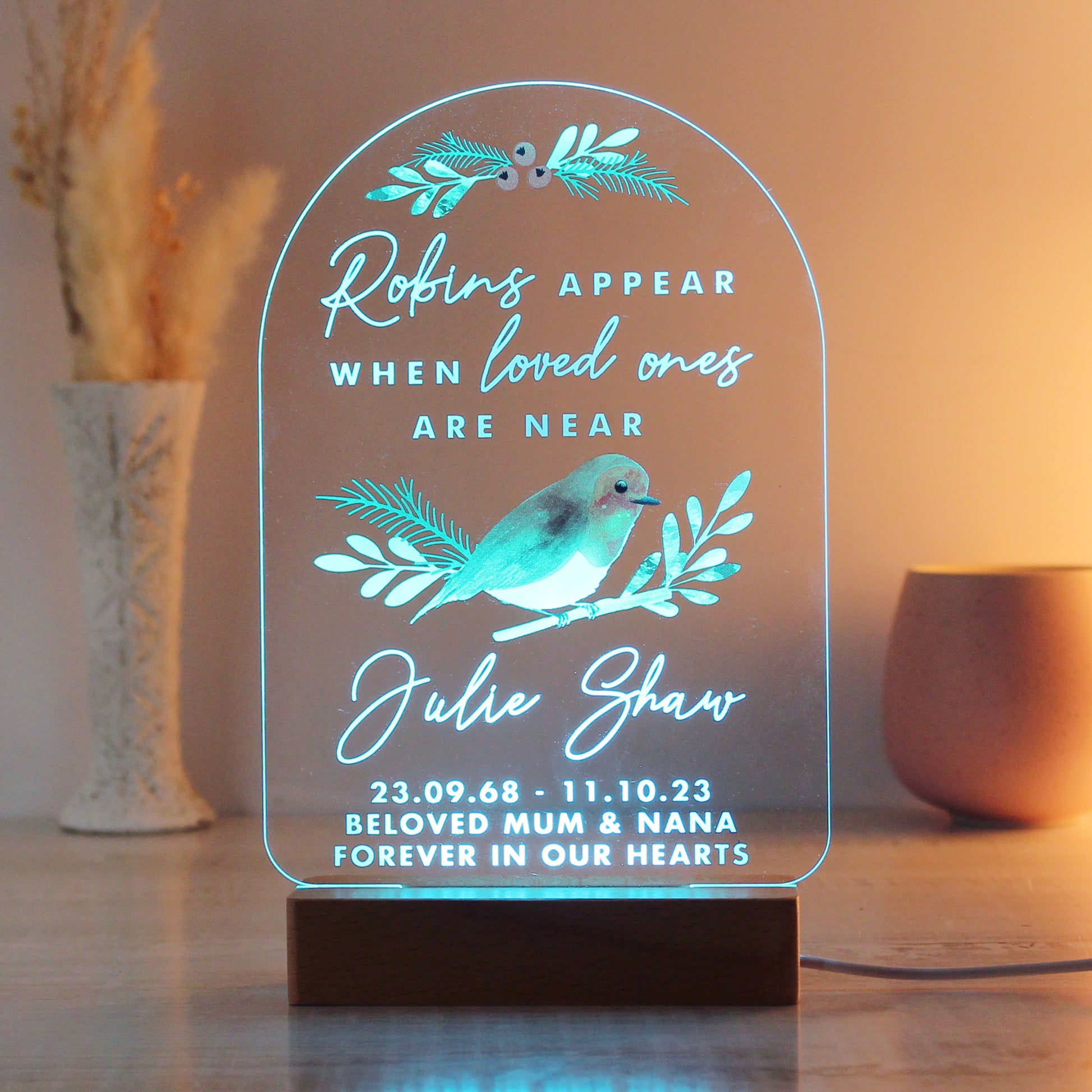 Personalised Robins Appear Wooden Based LED Light - MK&JD Gifts
