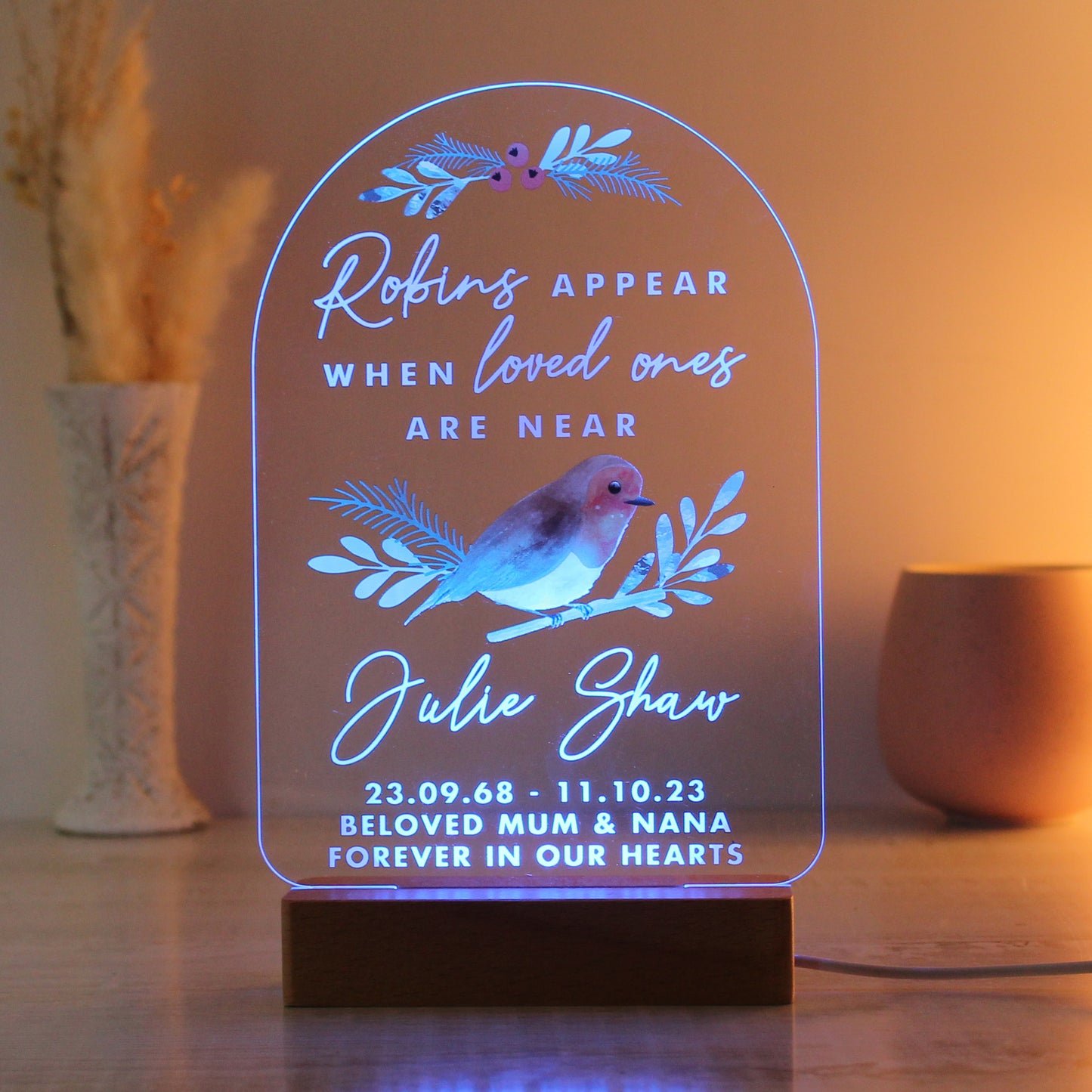 Personalised Robins Appear Wooden Based LED Light - MK&JD Gifts