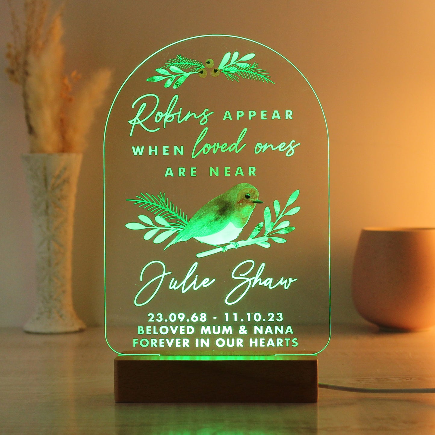 Personalised Robins Appear Wooden Based LED Light - MK&JD Gifts